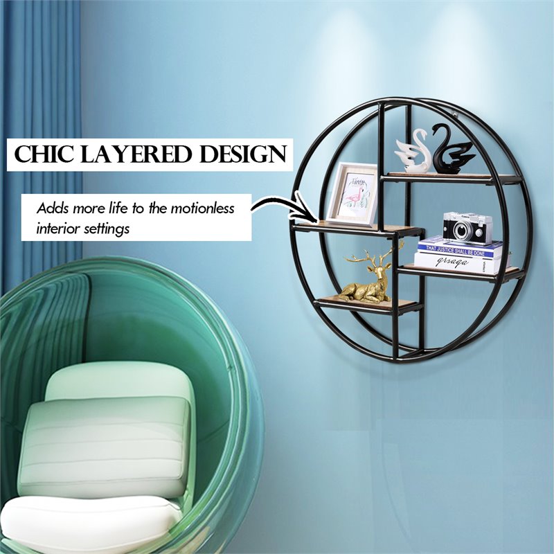 Costway Round Contemporary Wood and Iron Wall-mounted Storage Shelf in Black