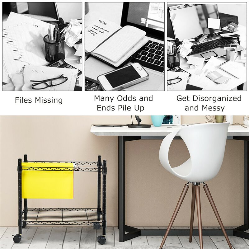 Costway Contemporary Steel Rolling File Cart with Extra Shelf in Black