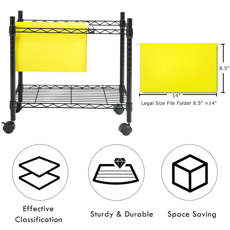 Costway Contemporary Steel Rolling File Cart with Extra Shelf in Black