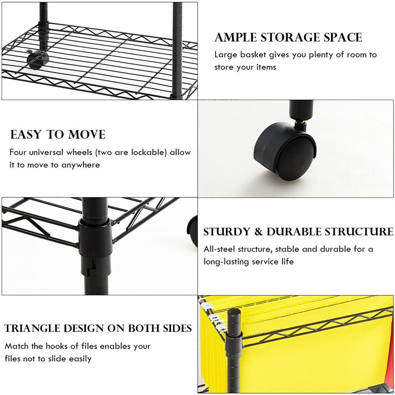 Costway Contemporary Steel Rolling File Cart with Extra Shelf in Black