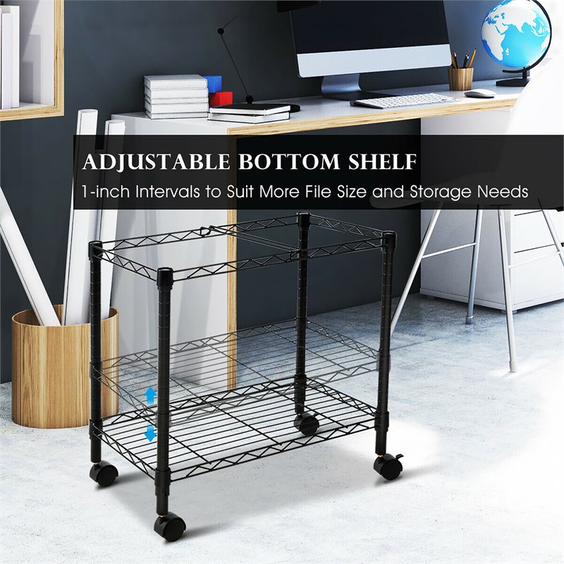 Costway Contemporary Steel Rolling File Cart with Extra Shelf in Black