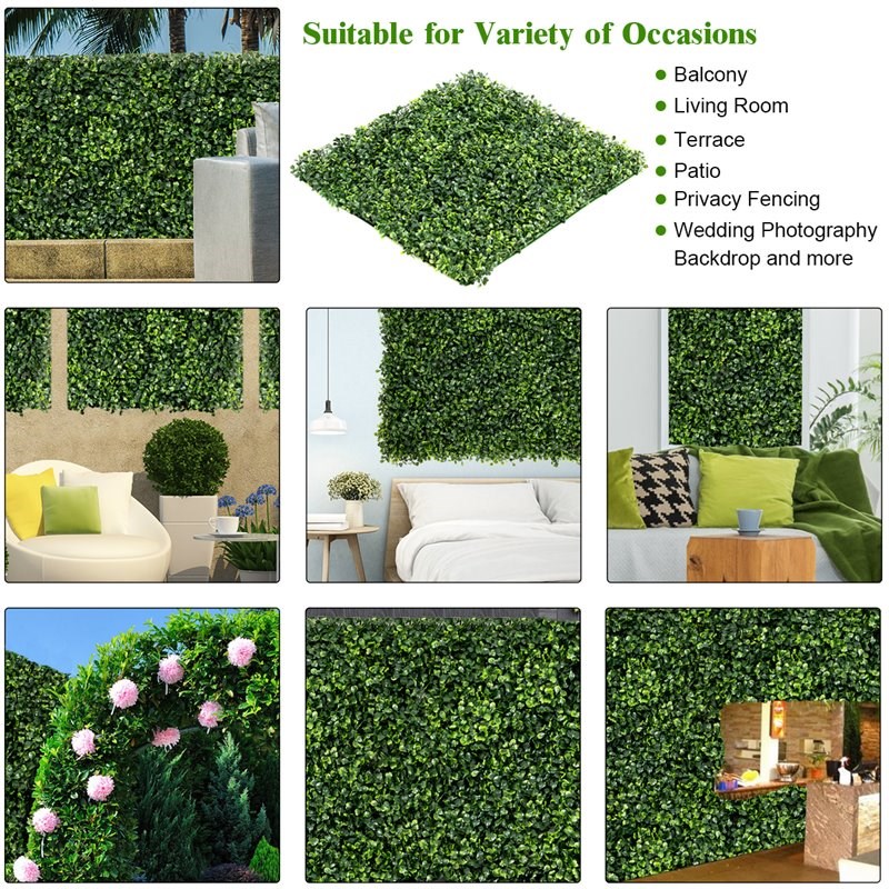 Costway 12-piece Contemporary PE Artificial Boxwood Plant Wall Panel in Green
