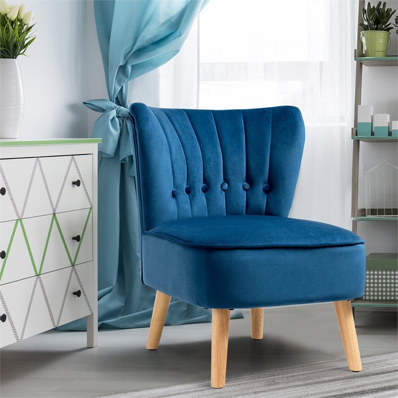 Costway Contemporary Rubber Wood & Tufted Velvet Armless Leisure Chair in Blue