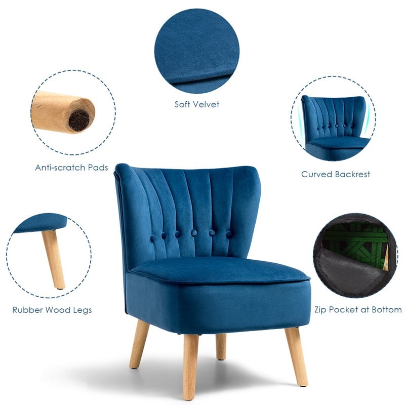 Costway Contemporary Rubber Wood & Tufted Velvet Armless Leisure Chair in Blue