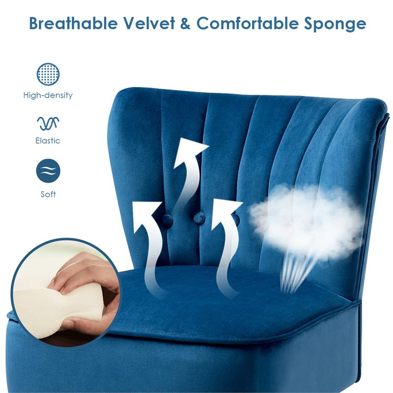 Costway Contemporary Rubber Wood & Tufted Velvet Armless Leisure Chair in Blue