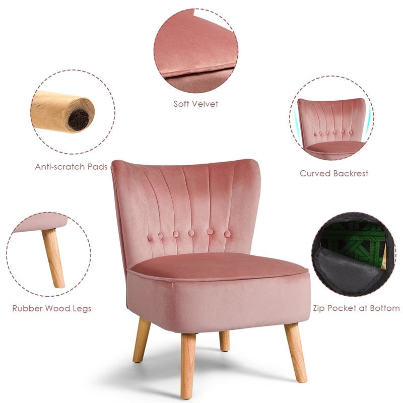 Costway Contemporary Rubber Wood & Tufted Velvet Armless Leisure Chair in Pink