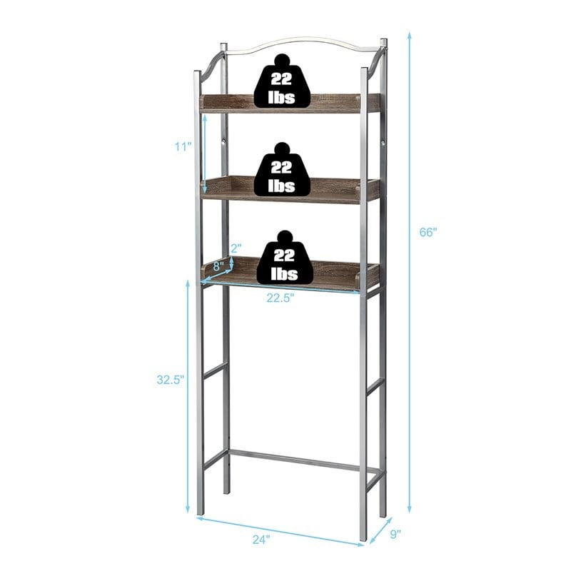 Costway 3-tier Engineered Wood and Iron Bathroom Spacesaver in Silver