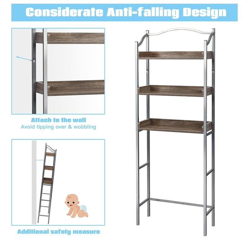 Costway 3-tier Engineered Wood and Iron Bathroom Spacesaver in Silver
