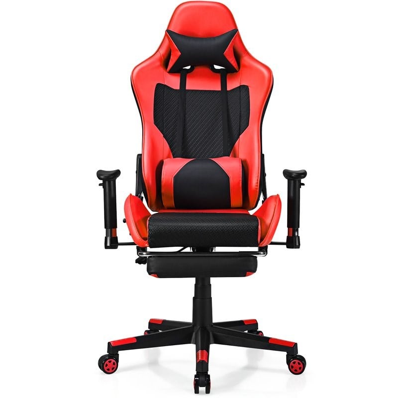 Costway Contemporary PU and Iron Massage Gaming Chair with Footrest in Red