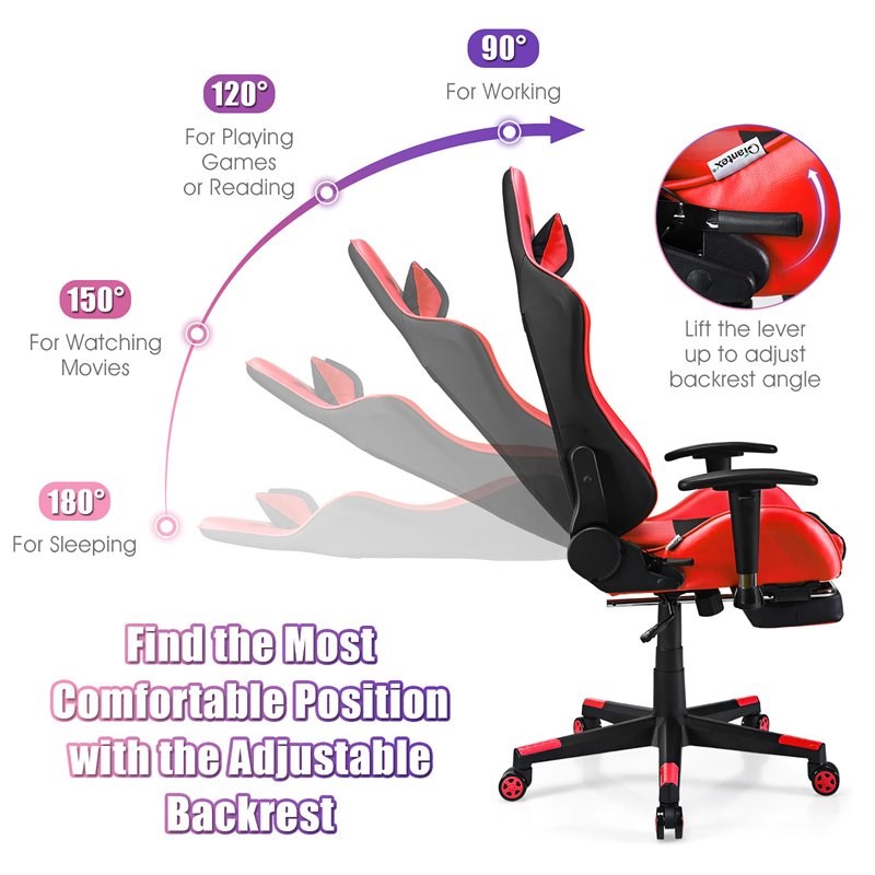 Costway Contemporary PU and Iron Massage Gaming Chair with Footrest in Red