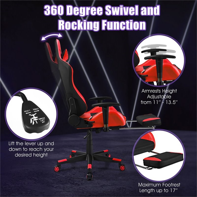 Costway Contemporary PU and Iron Massage Gaming Chair with Footrest in Red
