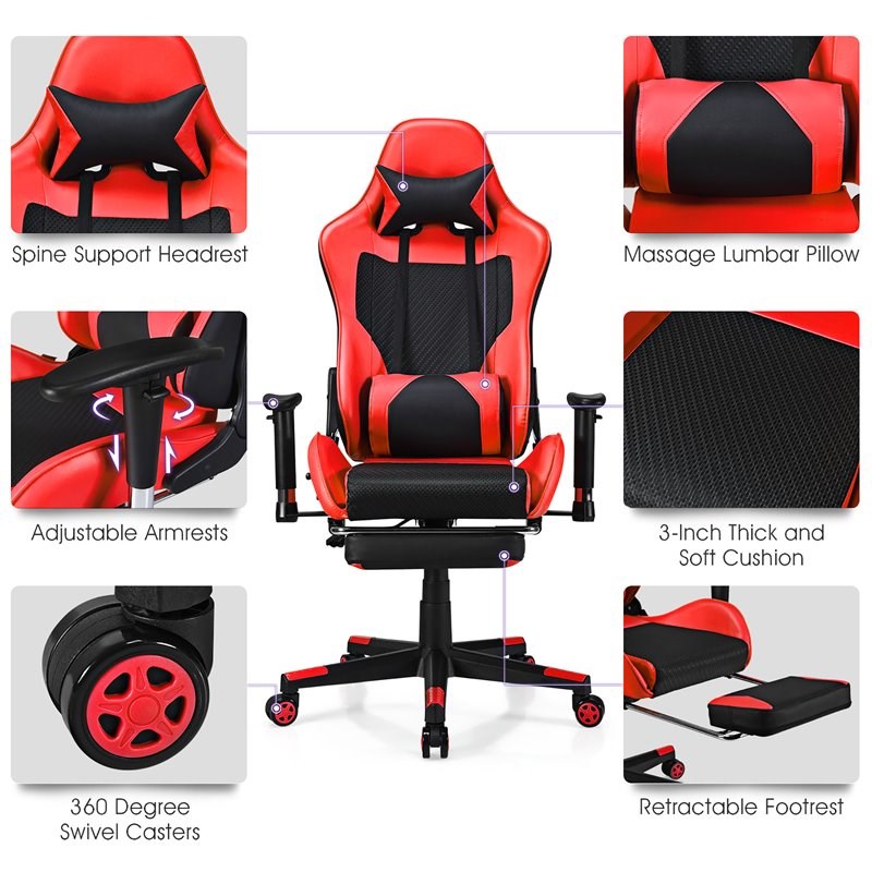 Costway Contemporary PU and Iron Massage Gaming Chair with Footrest in Red