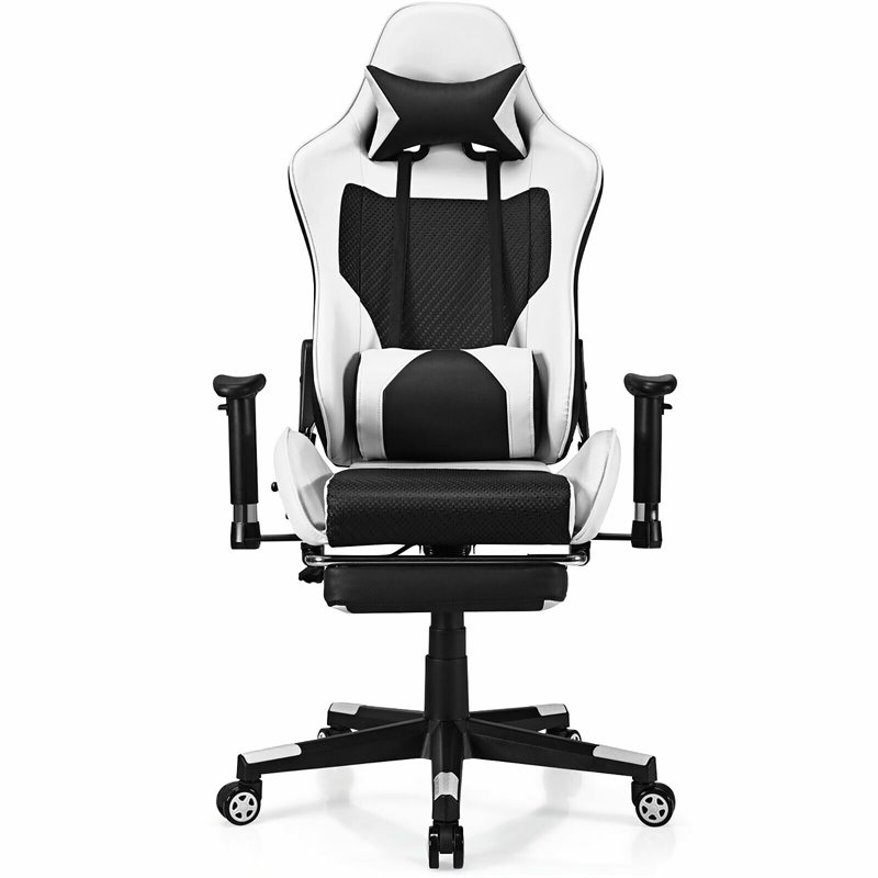 Costway Contemporary PU and Iron Massage Gaming Chair with Footrest in White