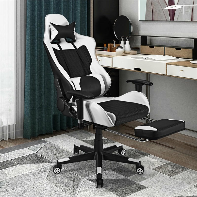Costway Contemporary PU and Iron Massage Gaming Chair with Footrest in White