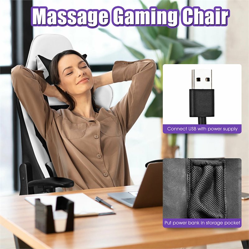 Costway Contemporary PU and Iron Massage Gaming Chair with Footrest in White