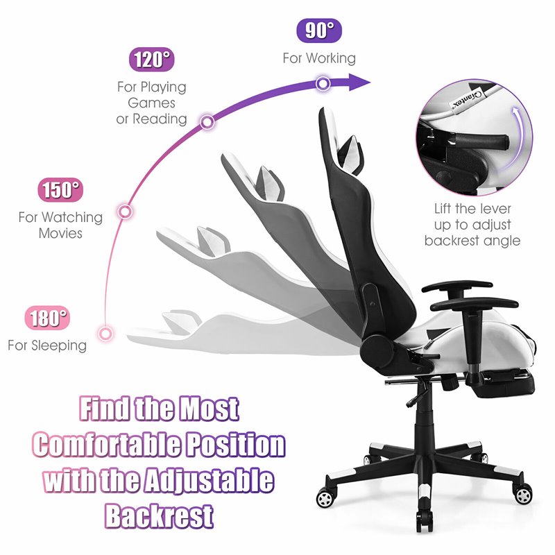 Costway Contemporary PU and Iron Massage Gaming Chair with Footrest in White