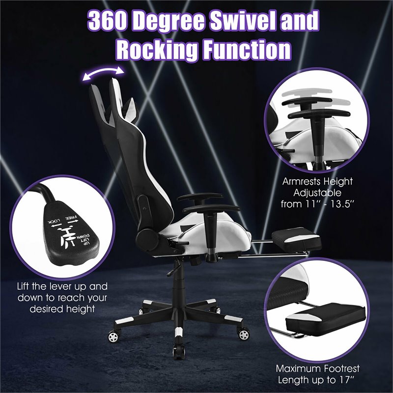 Costway Contemporary PU and Iron Massage Gaming Chair with Footrest in White