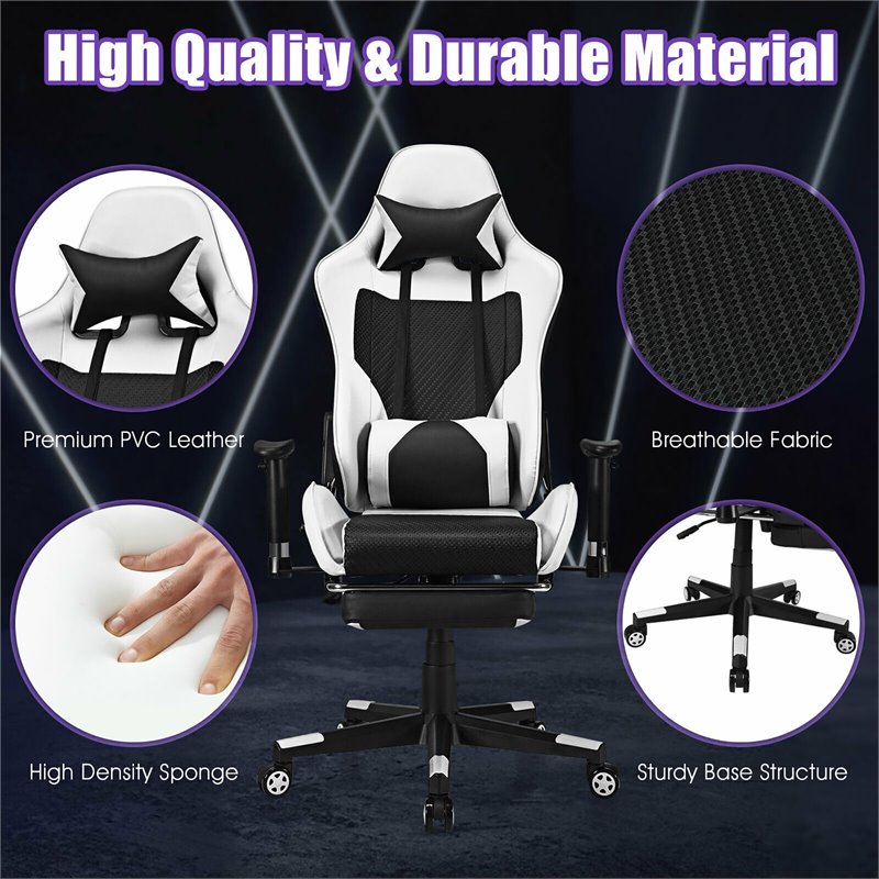 Costway Contemporary PU and Iron Massage Gaming Chair with Footrest in White
