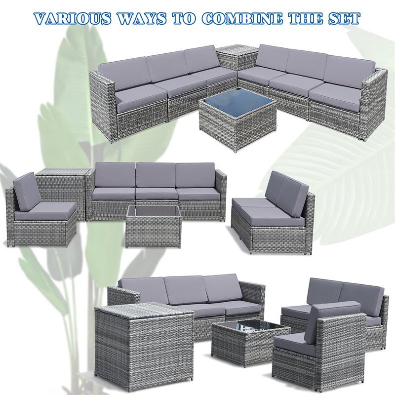 Costway 8-piece Polyester and Rattan Patio Sofa Set with Storage in Gray