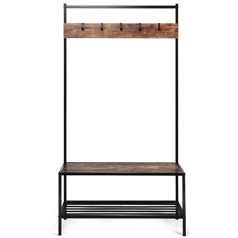 Costway Contemporary Iron and MDF Hall Tree with 5 Hooks in Coffee