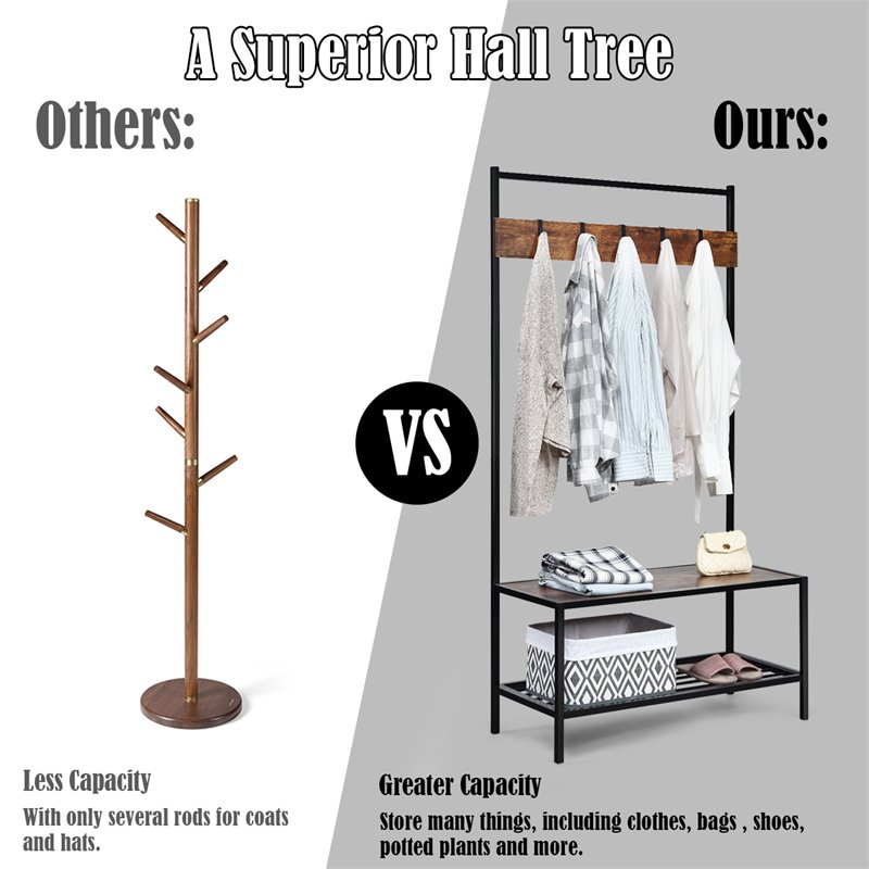 Costway Contemporary Iron and MDF Hall Tree with 5 Hooks in Coffee