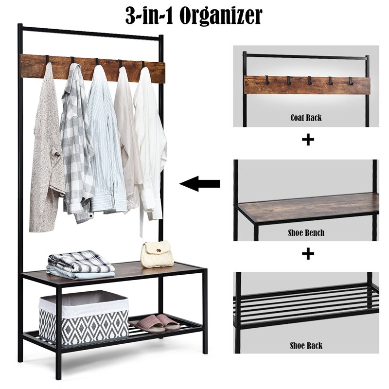 Costway Contemporary Iron and MDF Hall Tree with 5 Hooks in Coffee