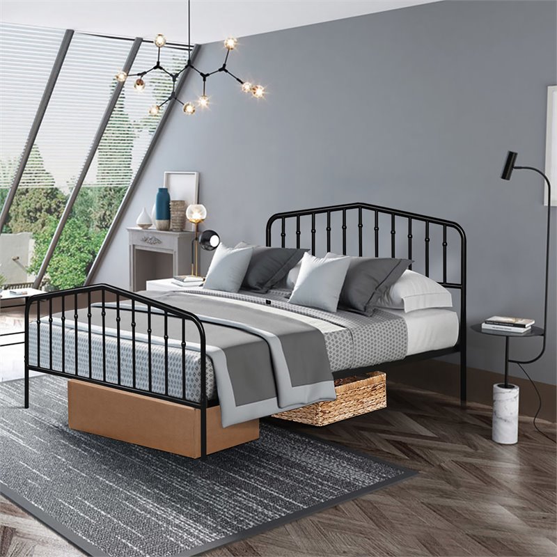 Costway Contemporary Iron Queen Size Slat Platform Headboard Footboard in Black