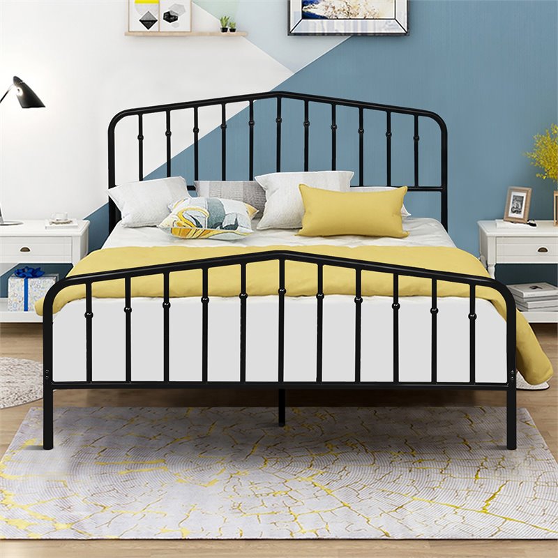 Costway Contemporary Iron Queen Size Slat Platform Headboard Footboard in Black