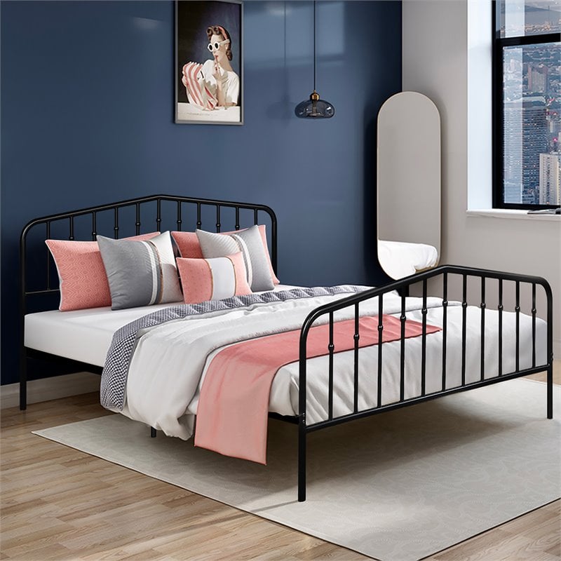Costway Contemporary Iron Queen Size Slat Platform Headboard Footboard in Black
