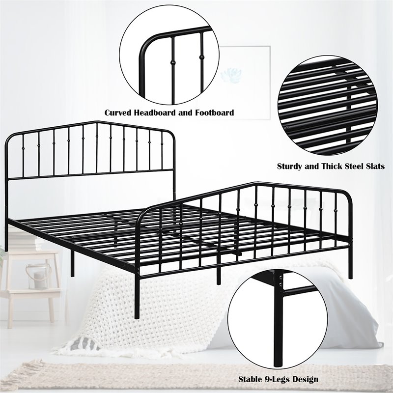 Costway Contemporary Iron Queen Size Slat Platform Headboard Footboard in Black