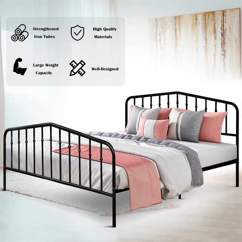 Costway Contemporary Iron Queen Size Slat Platform Headboard Footboard in Black