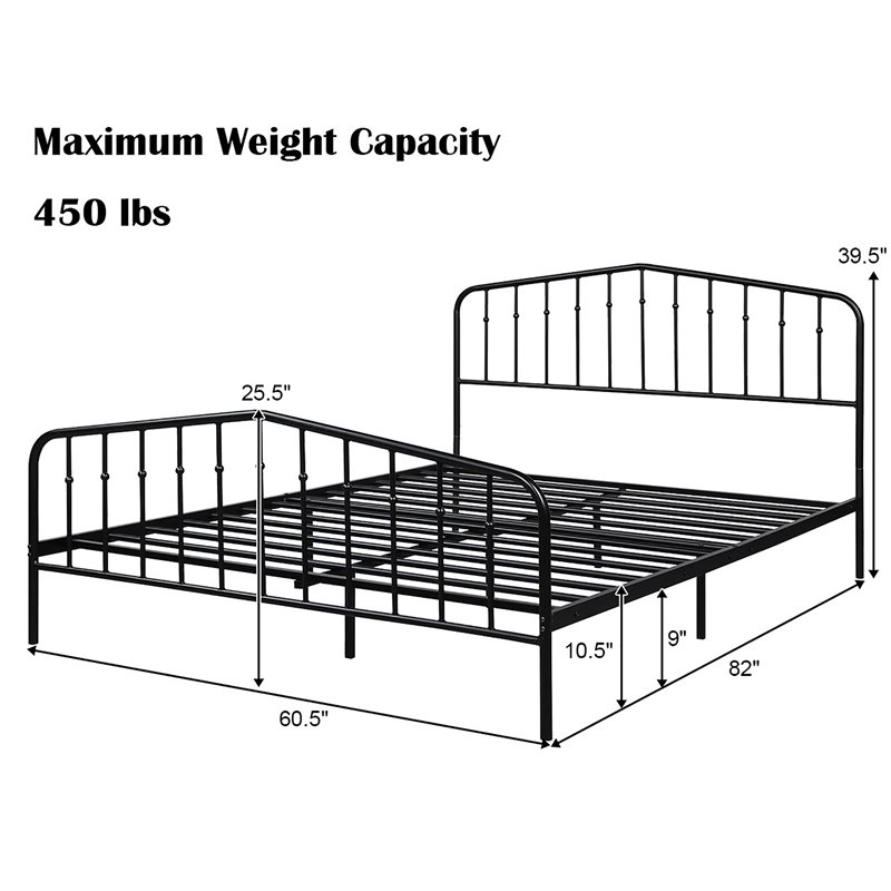 Costway Contemporary Iron Queen Size Slat Platform Headboard Footboard in Black