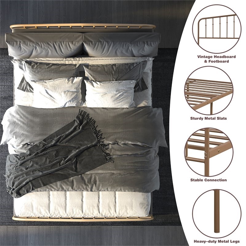 Costway Contemporary Iron Queen Size Slat Platform Headboard Footboard in Brown