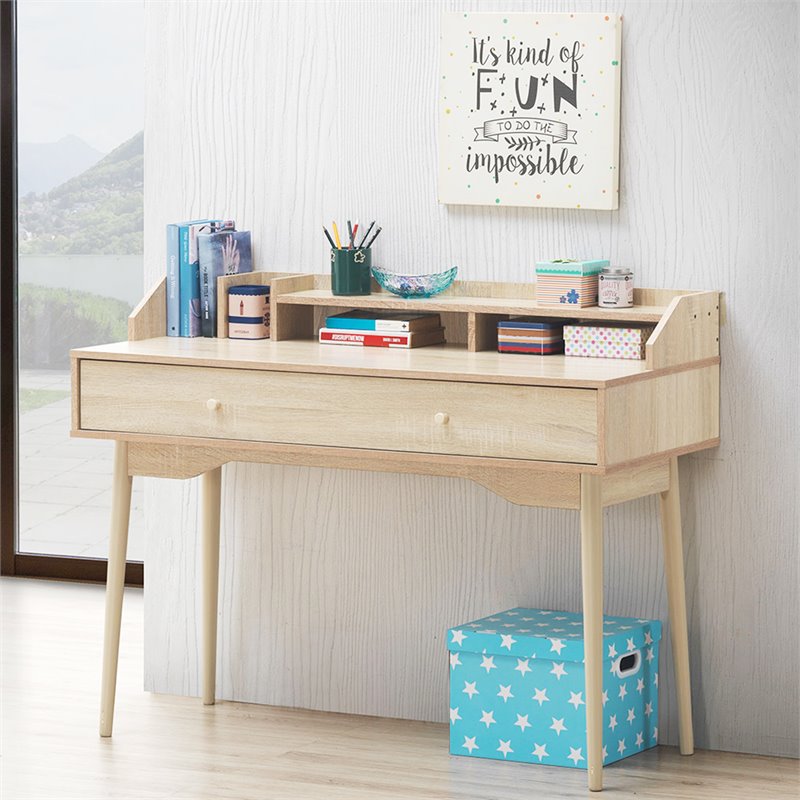 Costway Contemporary Wood Computer Desk with Hutch and Drawer in Natural
