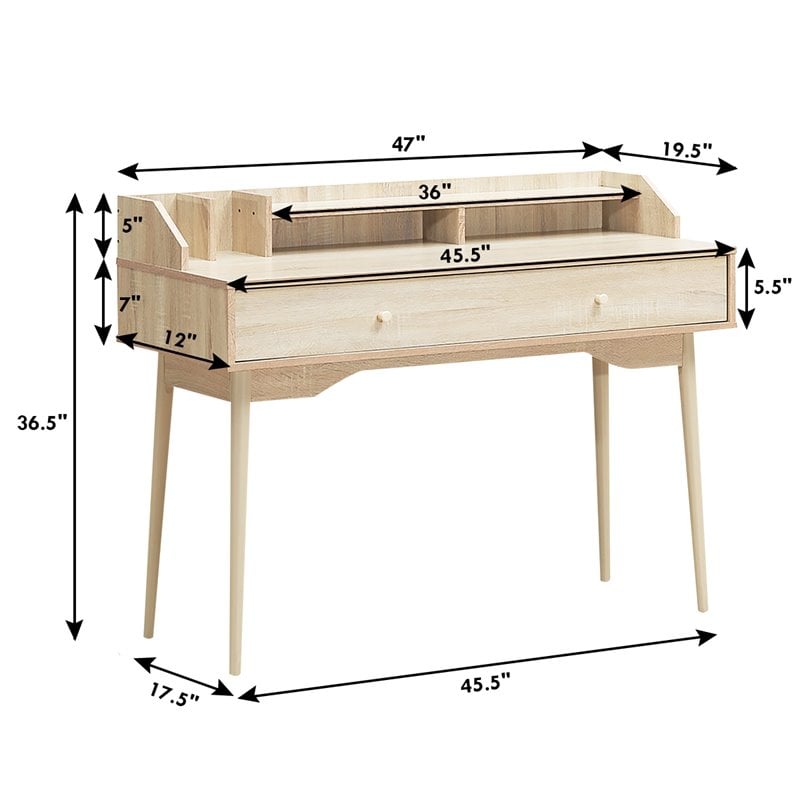 Costway Contemporary Wood Computer Desk with Hutch and Drawer in Natural