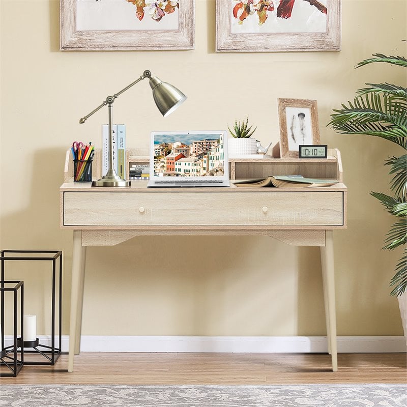 Costway Contemporary Wood Computer Desk with Hutch and Drawer in Natural