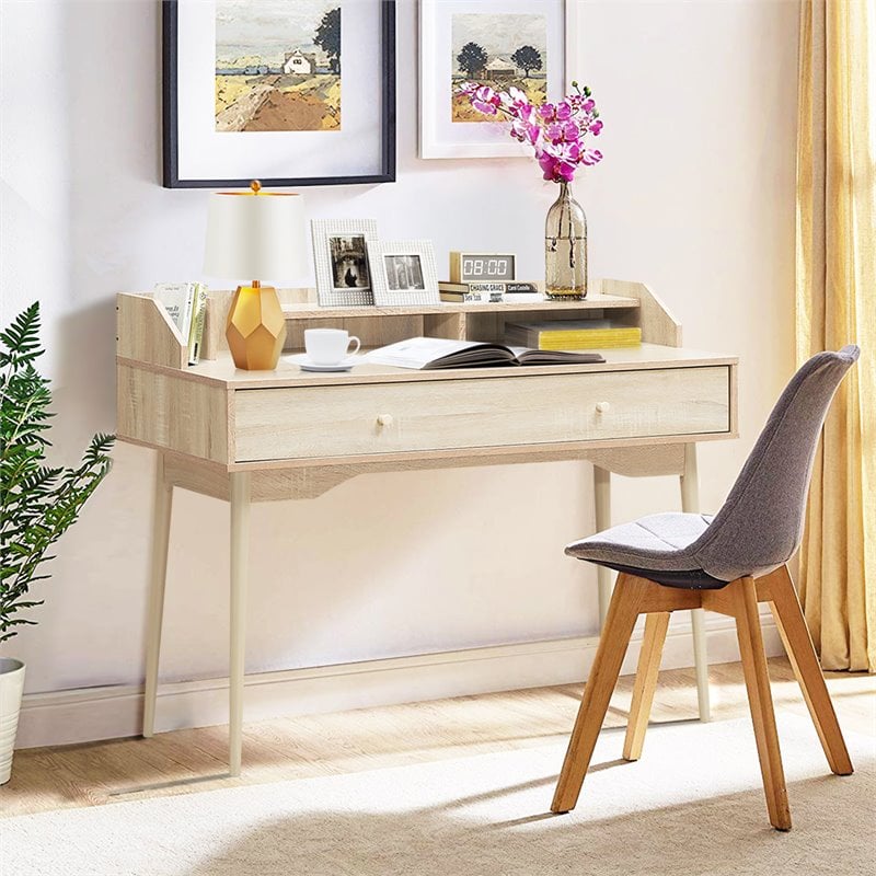 Costway Contemporary Wood Computer Desk with Hutch and Drawer in Natural