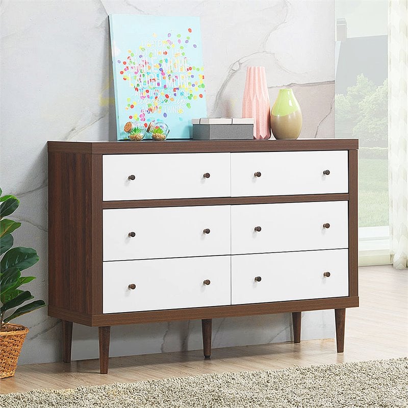 Costway 6-drawer Contemporary MDF Wood Chest Dresser in White and Walnut