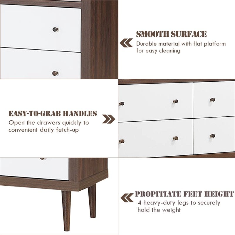 Costway 6-drawer Contemporary MDF Wood Chest Dresser in White and Walnut