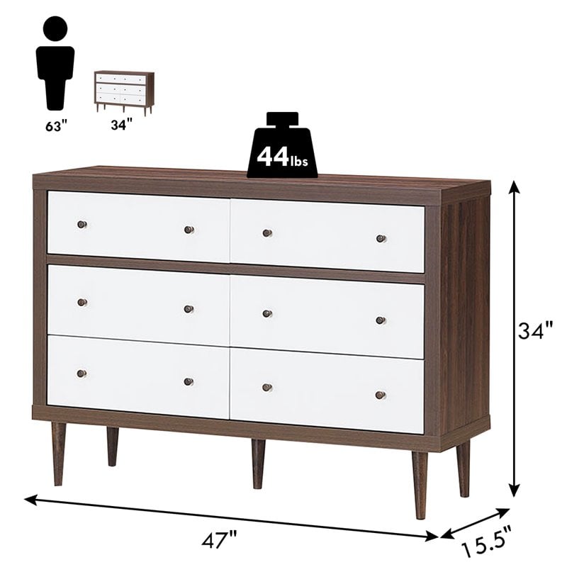 Costway 6-drawer Contemporary MDF Wood Chest Dresser in White and Walnut