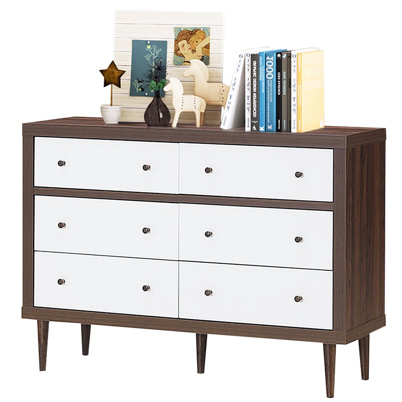 Costway 6-drawer Contemporary MDF Wood Chest Dresser in White and Walnut
