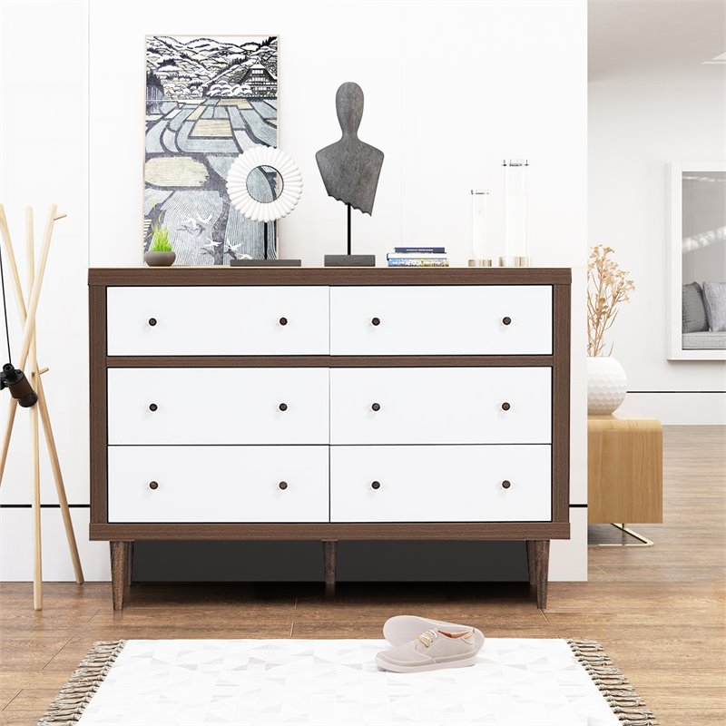 Costway 6-drawer Contemporary MDF Wood Chest Dresser in White and Walnut