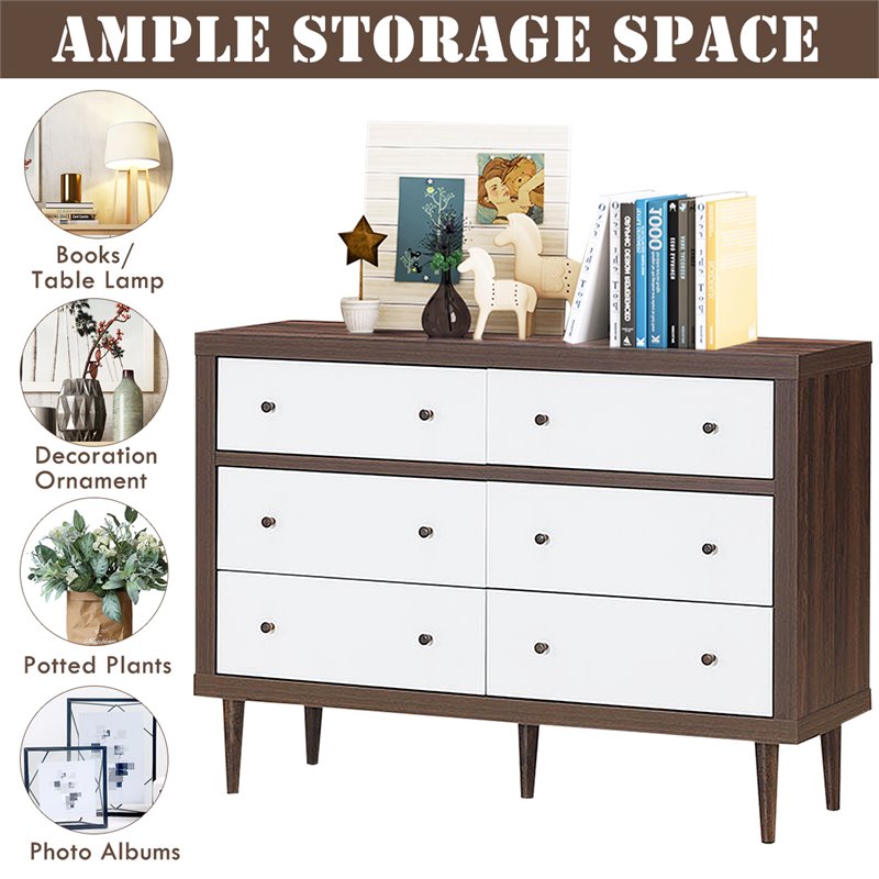 Costway 6-drawer Contemporary MDF Wood Chest Dresser in White and Walnut