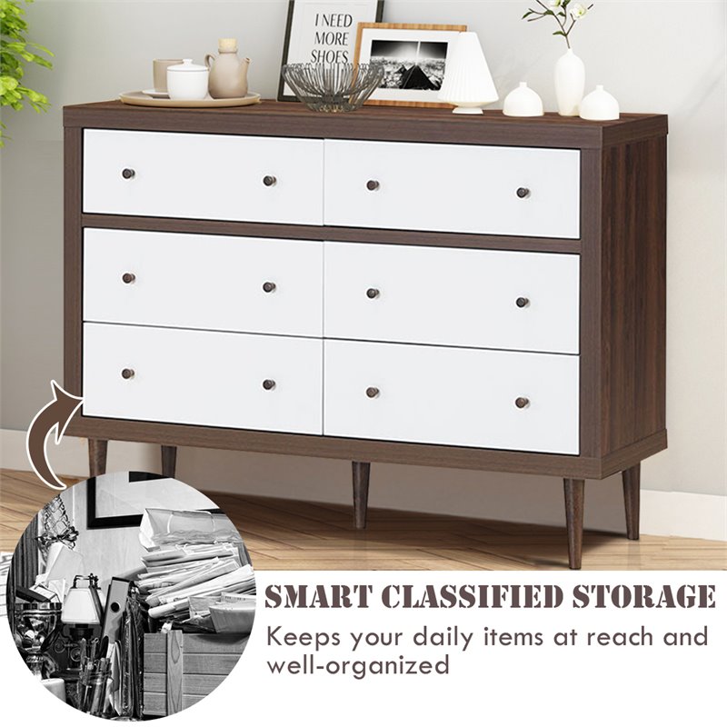 Costway 6-drawer Contemporary MDF Wood Chest Dresser in White and Walnut