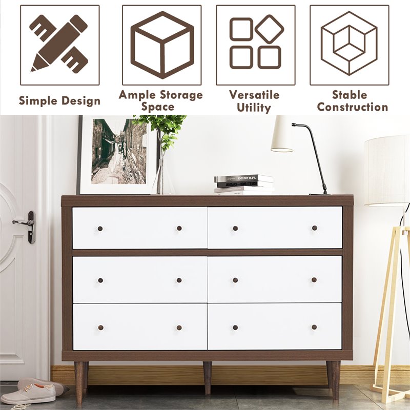 Costway 6-drawer Contemporary MDF Wood Chest Dresser in White and Walnut