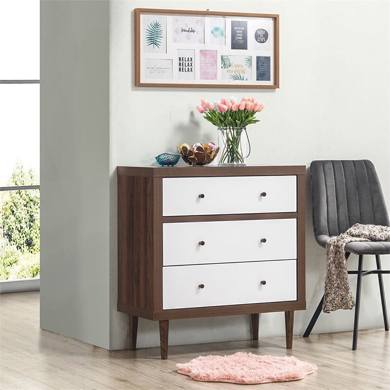 Costway 3-drawer Contemporary MDF Wood Chest Dresser in White and Walnut