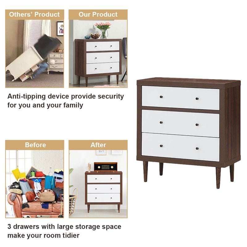 Costway 3-drawer Contemporary MDF Wood Chest Dresser in White and Walnut