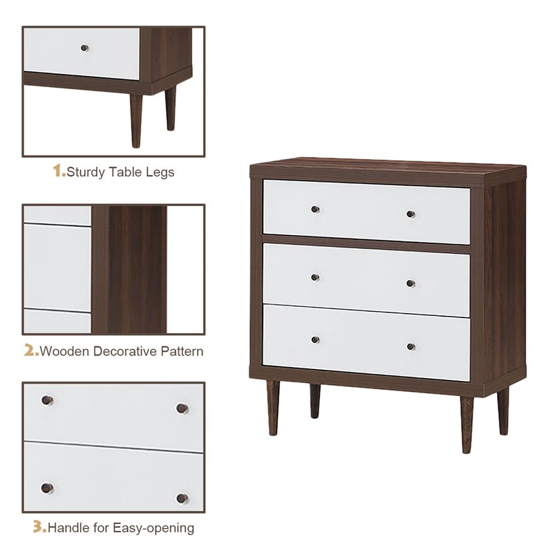 Costway 3-drawer Contemporary MDF Wood Chest Dresser in White and Walnut