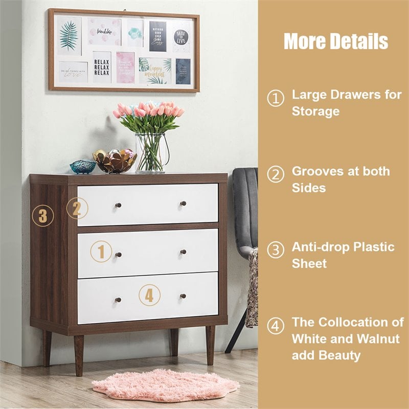Costway 3-drawer Contemporary MDF Wood Chest Dresser in White and Walnut