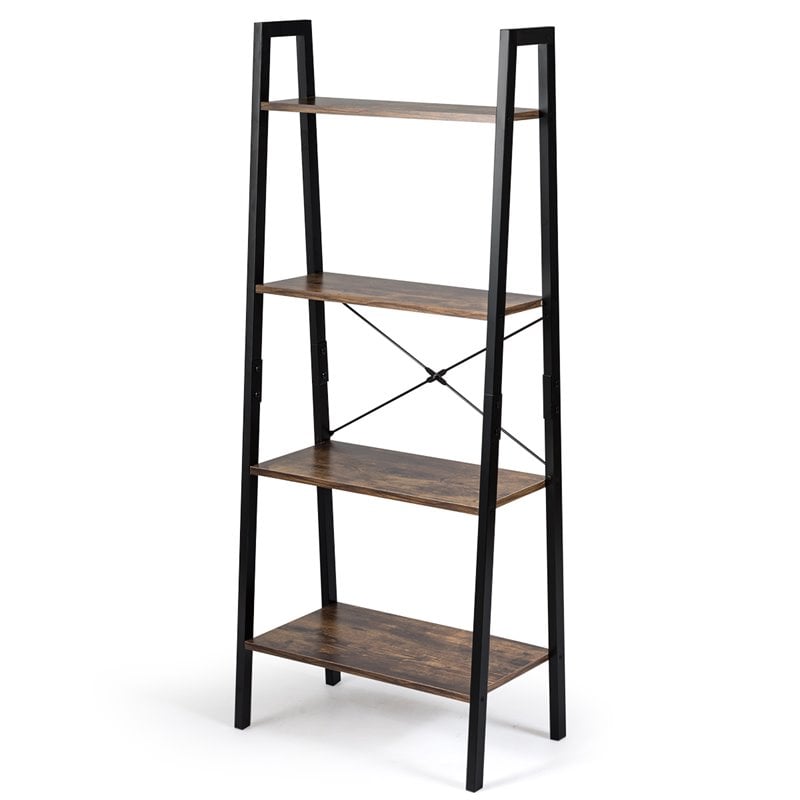 Costway 4-Tier Contemporary Wood and Metal Ladder Bookcase in Natural and Black